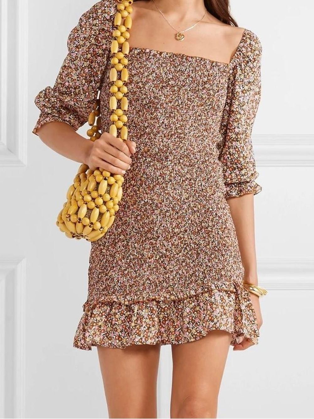 Faithfull The Brand Es Saada Floral Smocked Mini Dress Brown Cottagecore Size 10